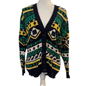 Charter Club Cardigan Green Navy Blue Yellow Geometric Stripes Oversized Small